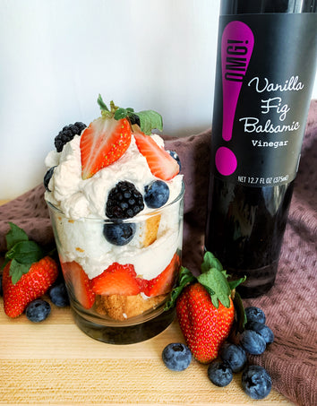 Angel Food Cake Parfait with Fresh Mixed Berries & Vanilla Fig Chantilly Cream